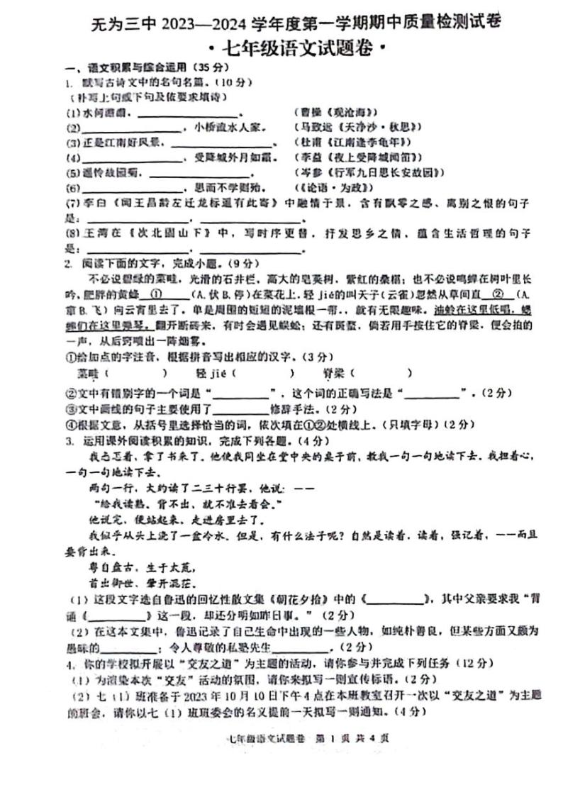 2023-2024学年无为第三中学七年级上册11月期中语文试卷01