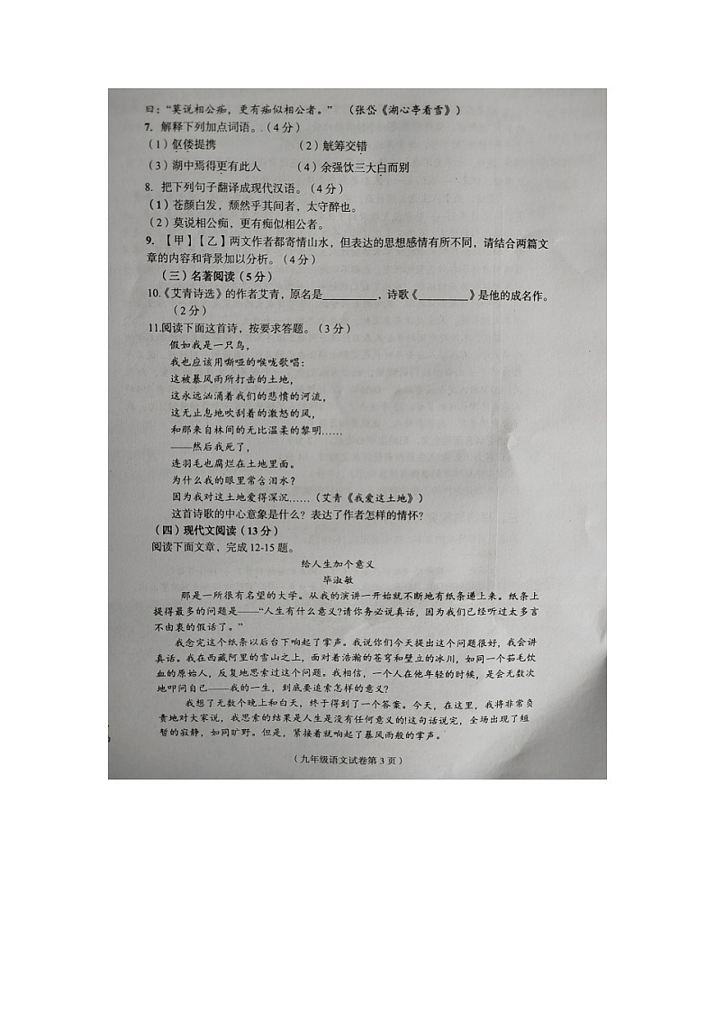 海南省临高县2023-2024学年九年级上学期期中检测语文试题03