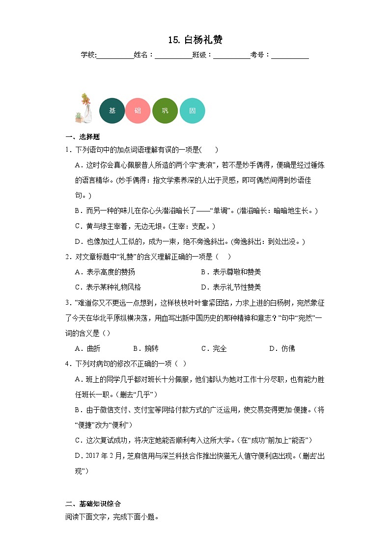 15.白杨礼赞分层练习-部编版语文八年级上册01