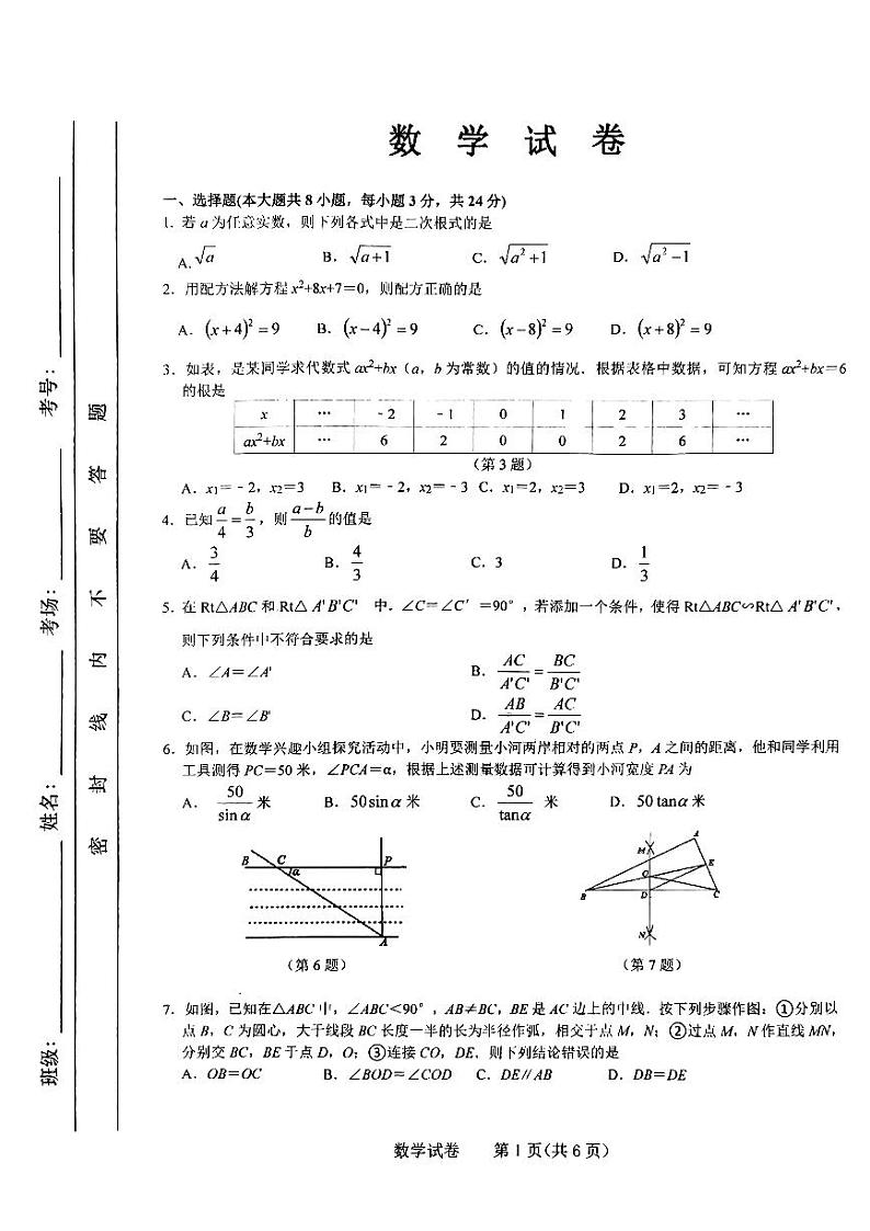 古浪县第六中学2023---2024学年度第一学期九年级数学第一次月考试卷第1页