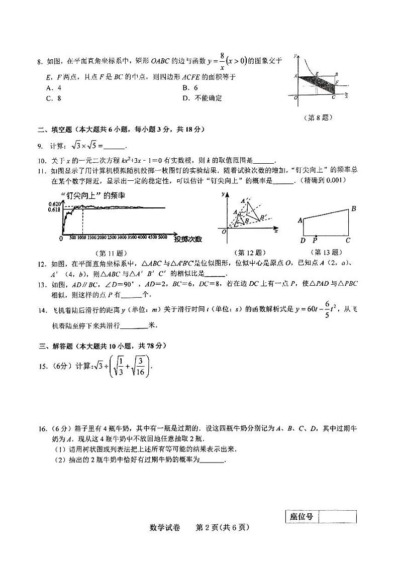 古浪县第六中学2023---2024学年度第一学期九年级数学第一次月考试卷第2页