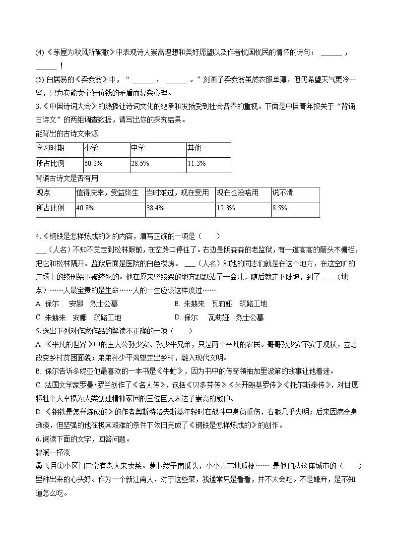 2022-2023学年安徽省六安市金寨县八年级（下）期末语文试卷(含答案解析)02