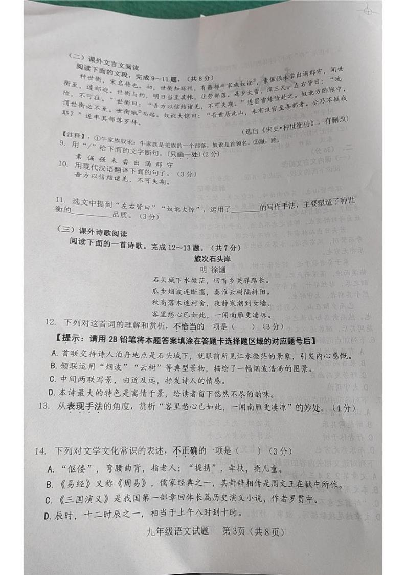 山东省济南市历城区2023—2024学年九年级上学期期中考试语文试题第3页