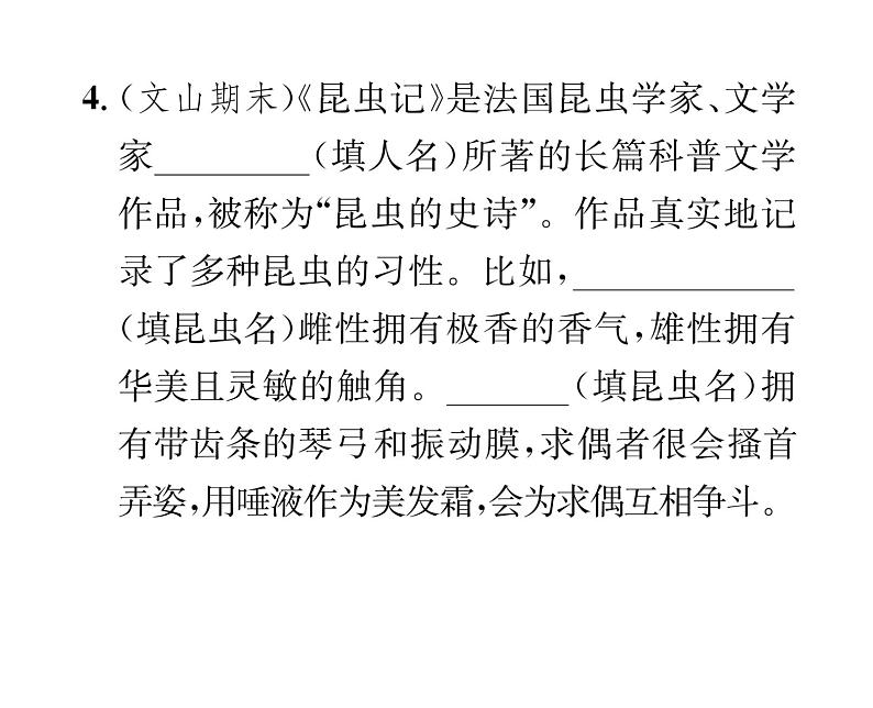 人教版八年级语文上第5单元科学艺术《昆虫记》综合训练（2）课时训练ppt第4页