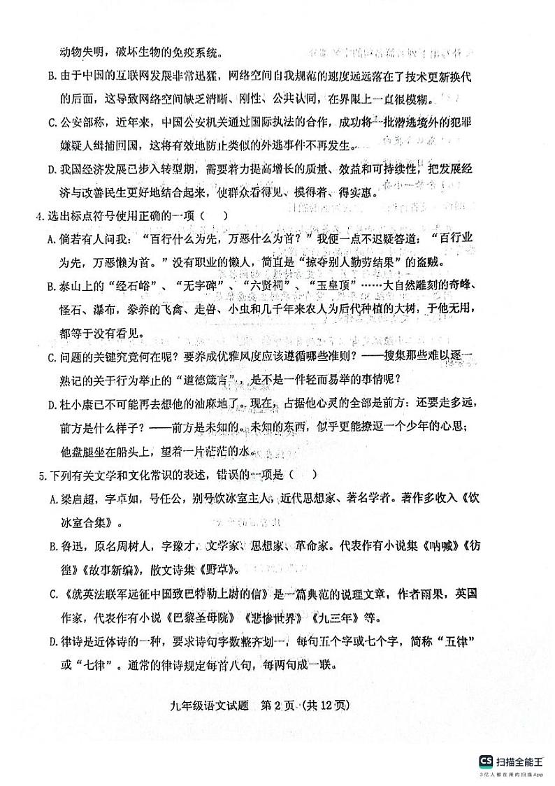 山东省泰安市肥城市2023-2024学年九年级上学期期中考试语文试题02
