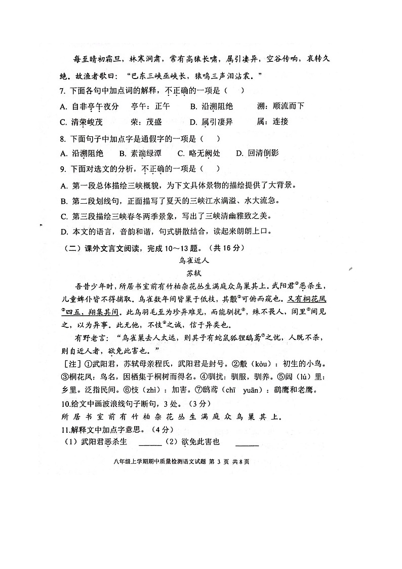 山东省泰安市东平县2023-2024学年八年级上学期11月期中语文试题03