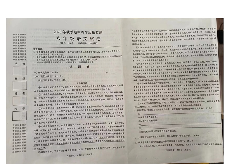 湖北省咸宁市温泉中学2023-2024学年八年级上学期期中考试语文试题第1页