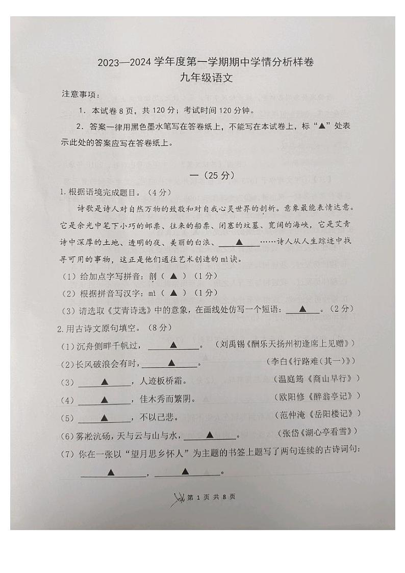 江苏省南京市栖霞区2023—2024学年九年级上学期期中考试语文试题01