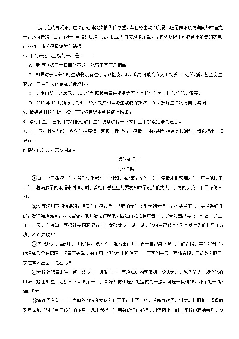 广东省深圳2023年七年级上学期语文期末试卷(附答案)第3页
