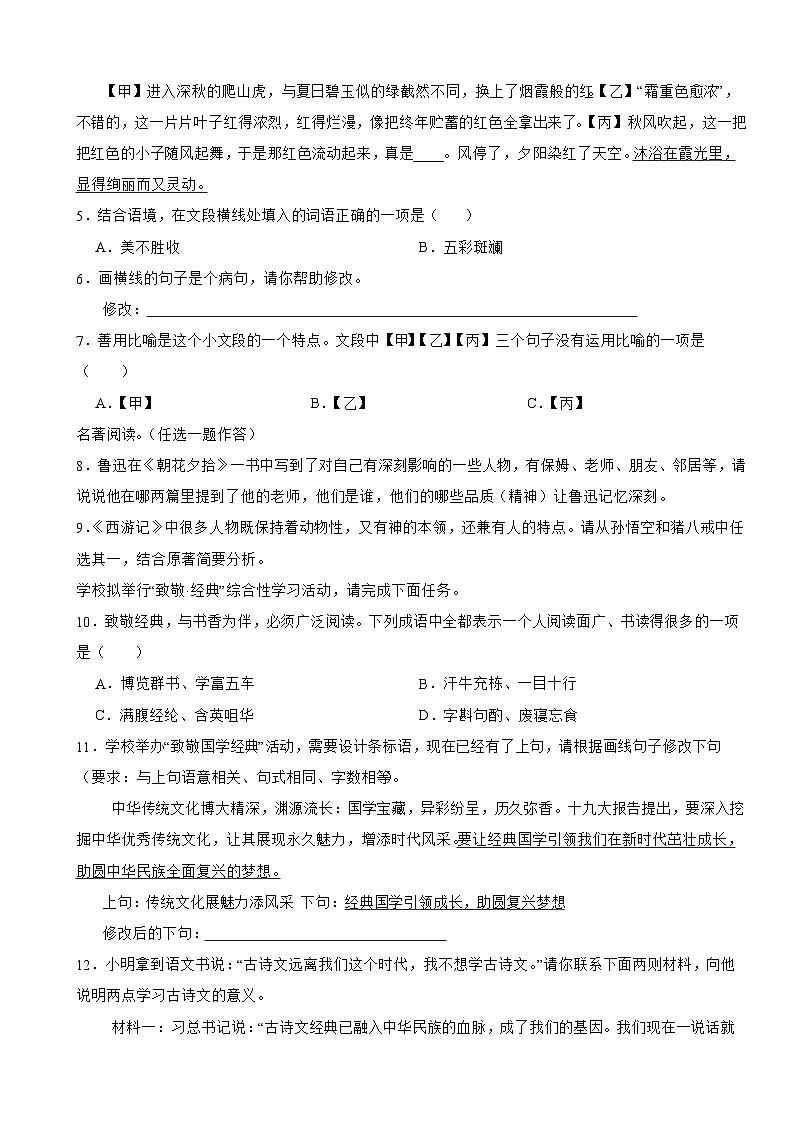 河南省永城市2023年七年级上学期语文期末试卷(附答案)02