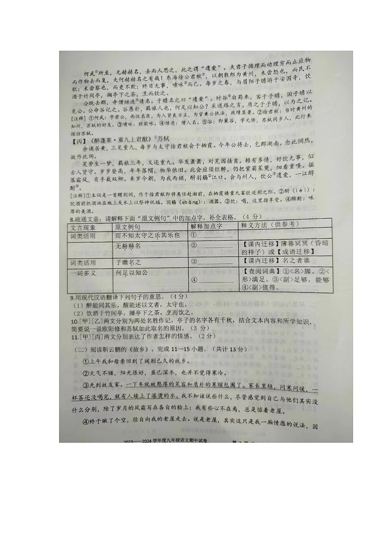 内蒙古自治区乌兰察布市集宁区亿利东方学校2023-2024学年九年级上学期11月期中考试语文试题03