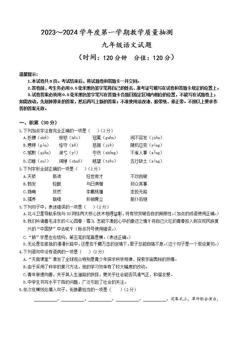 山东省滨州市滨城区2023-2024学年九年级上学期期中考试语文试题（含答案）第1页
