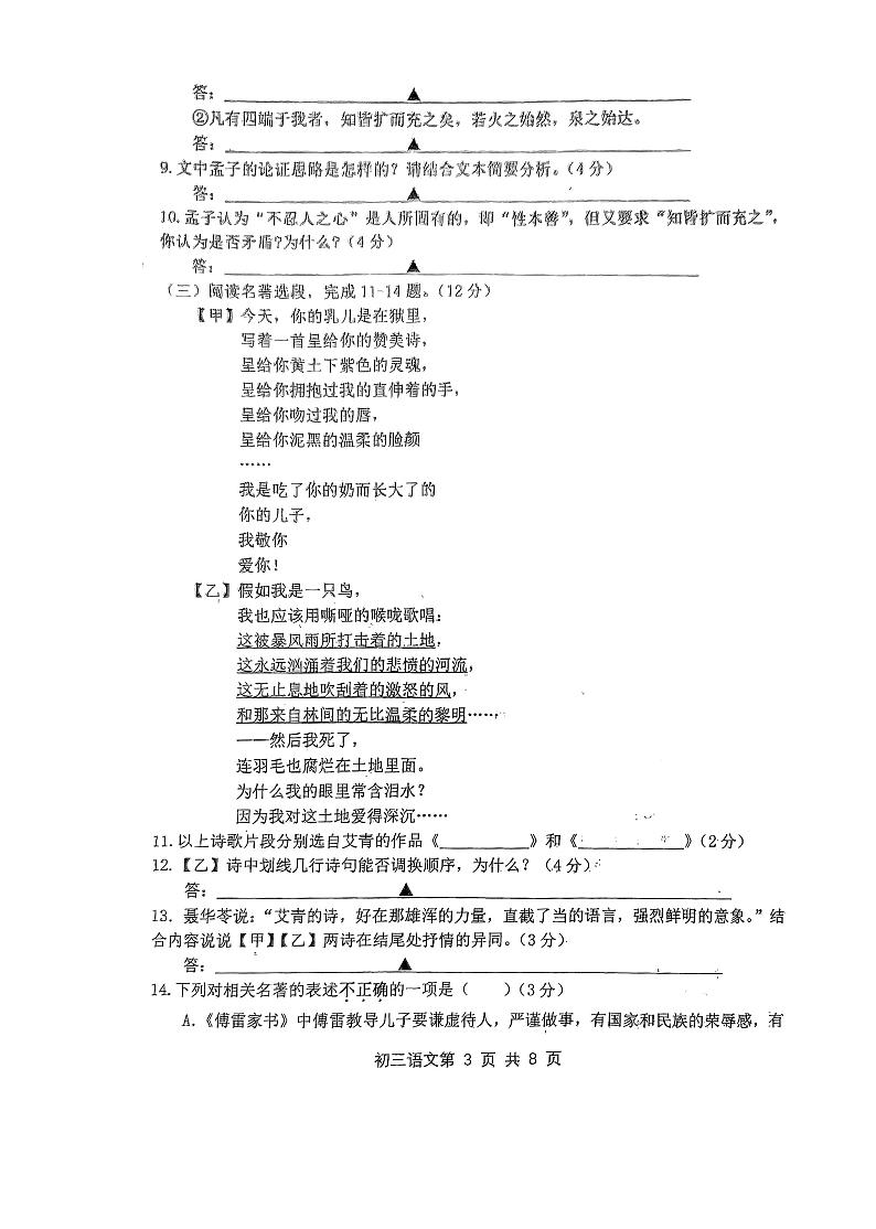江苏省淮安市洪泽实验中学2023-2024学年九年级上学期语文期中考试试卷03