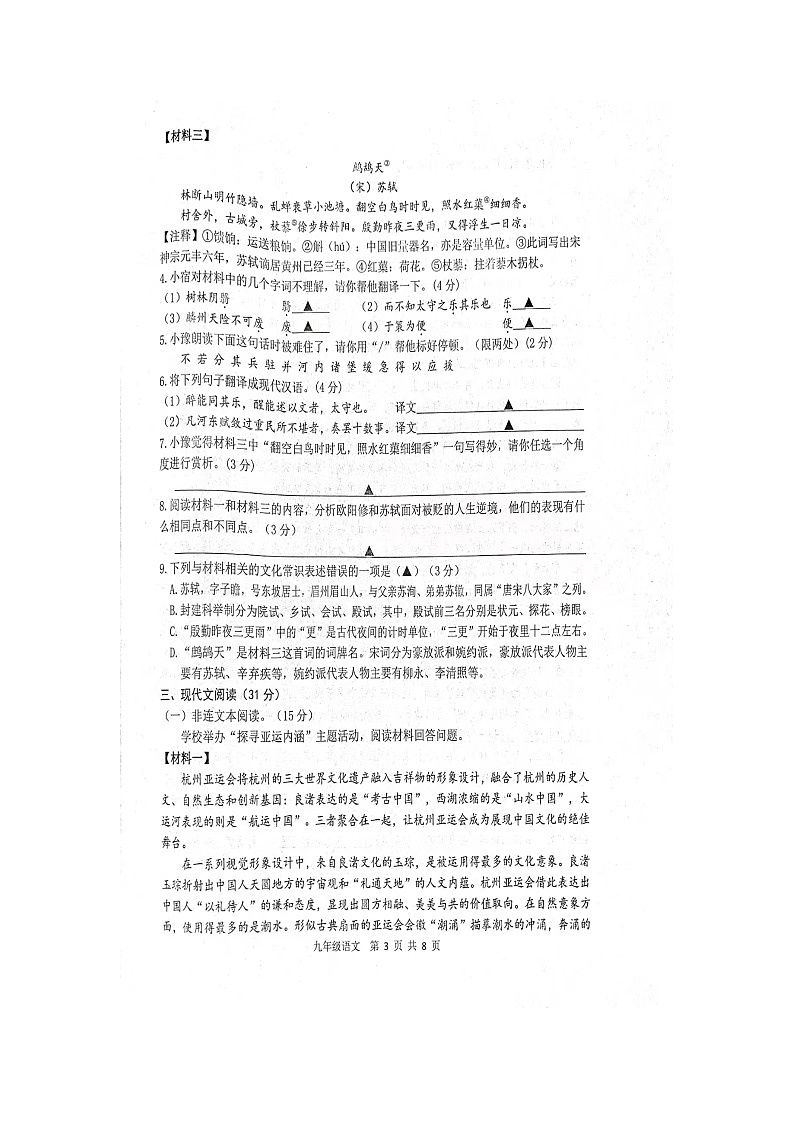 江苏省宿迁市宿豫区2023-2024学年九年级上学期11月期中语文试题第3页