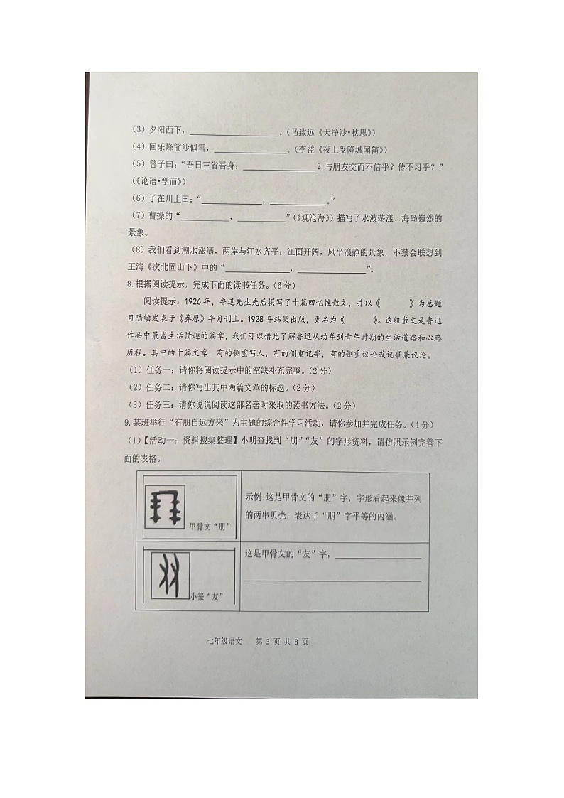 山东省滨州市阳信县2023-2024学年七年级上学期期中考试语文试题第3页