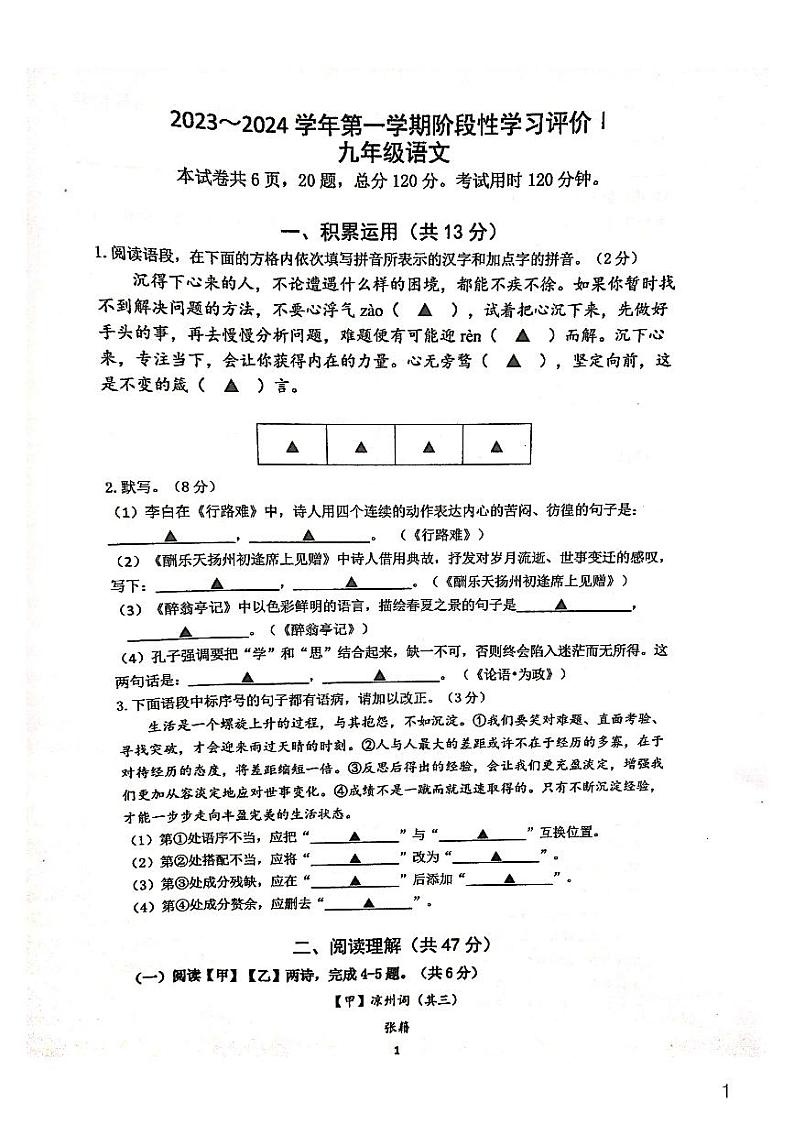 江苏省镇江市2023—2024学年九年级上学期期中阶段性学习评价语文试题第1页