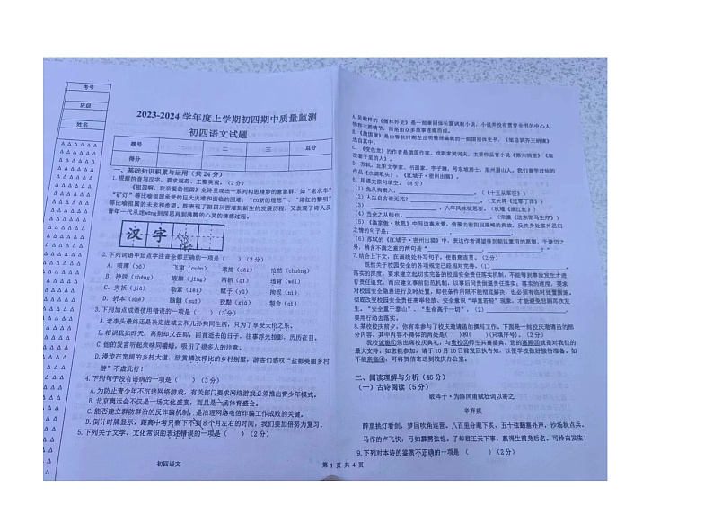 黑龙江省大庆市肇源县七校联考2023-2024学年（五四学制）九年级上学期期中考试语文试题01