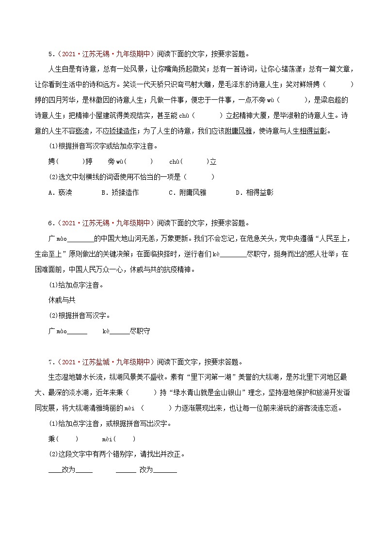 2022-2023学年七年级语文上学期期中专题复习（江苏专用）  （原卷版+解析）第3页