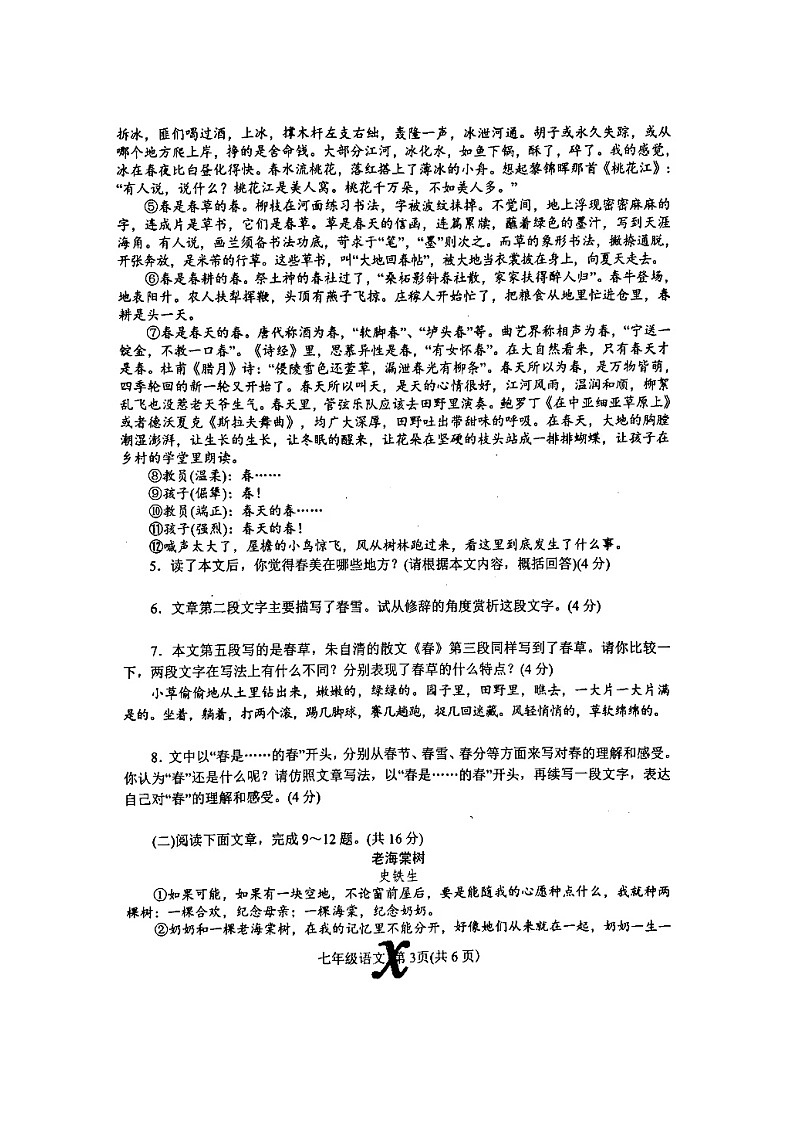 河南省南阳市内乡县2023-2024学年七年级上学期11月期中语文试题第3页