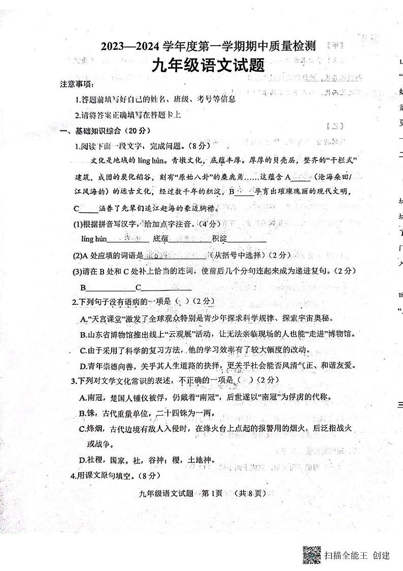 山东省菏泽市东明县2023-2024学年九年级上学期11月期中语文试题01