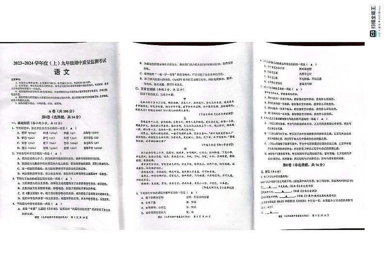 四川省成都市金堂县2023-2024学年九年级上学期期中考试语文试题第1页