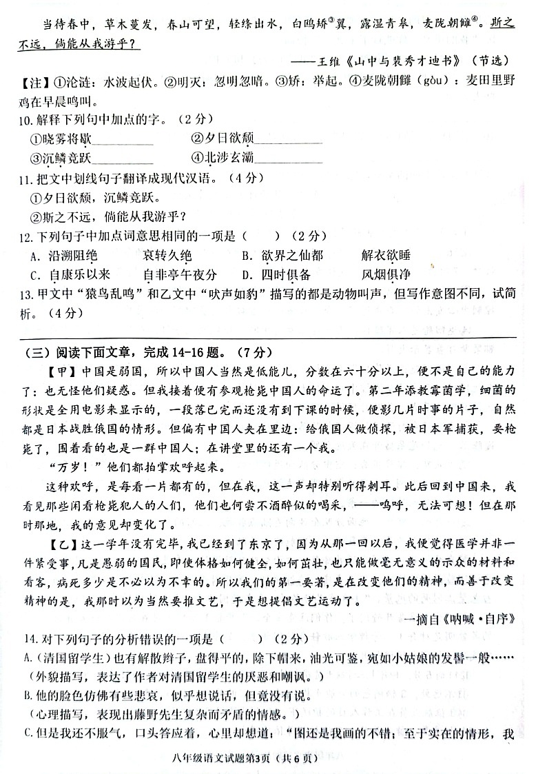 山东省菏泽市单县2023-2024学年八年级上学期11月期中语文试题03