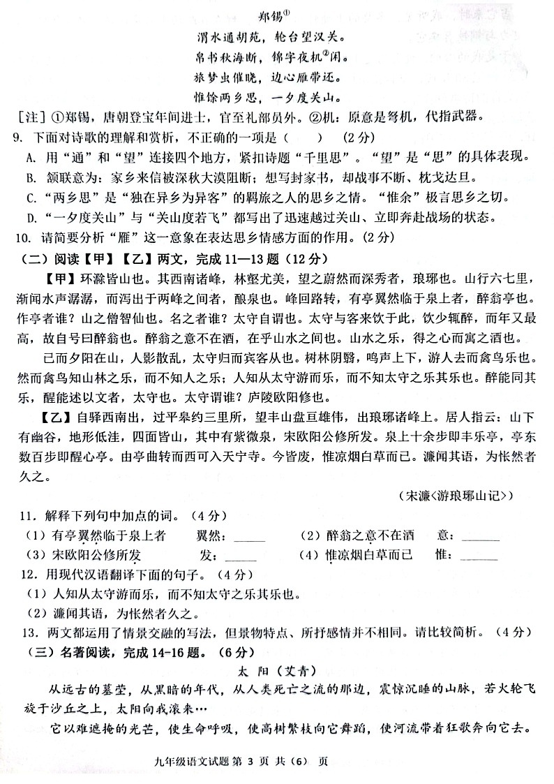 山东省菏泽市单县2023-2024学年九年级上学期11月期中语文试题03