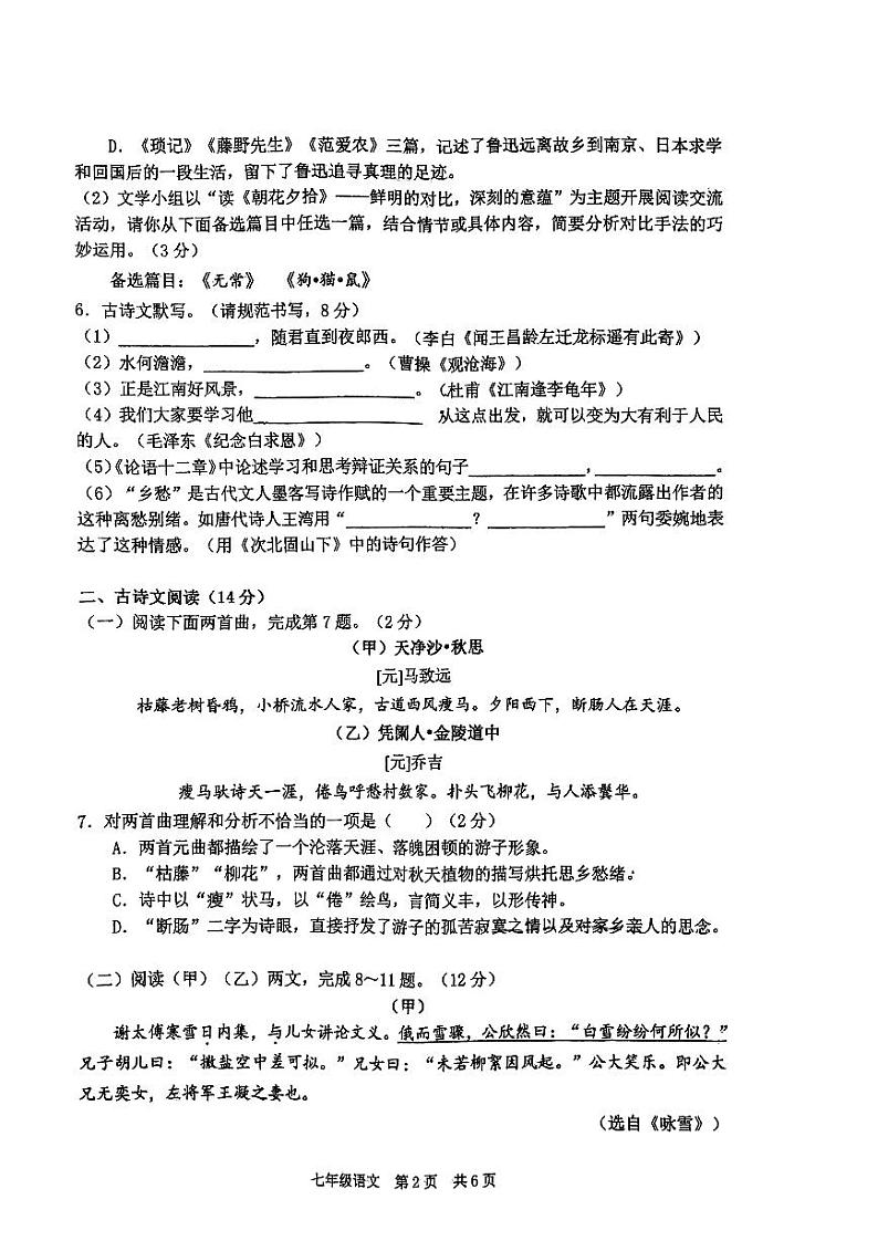 辽宁省大连市普兰店市重点中学2023-2024学年七年级上学期11月期中语文试题02