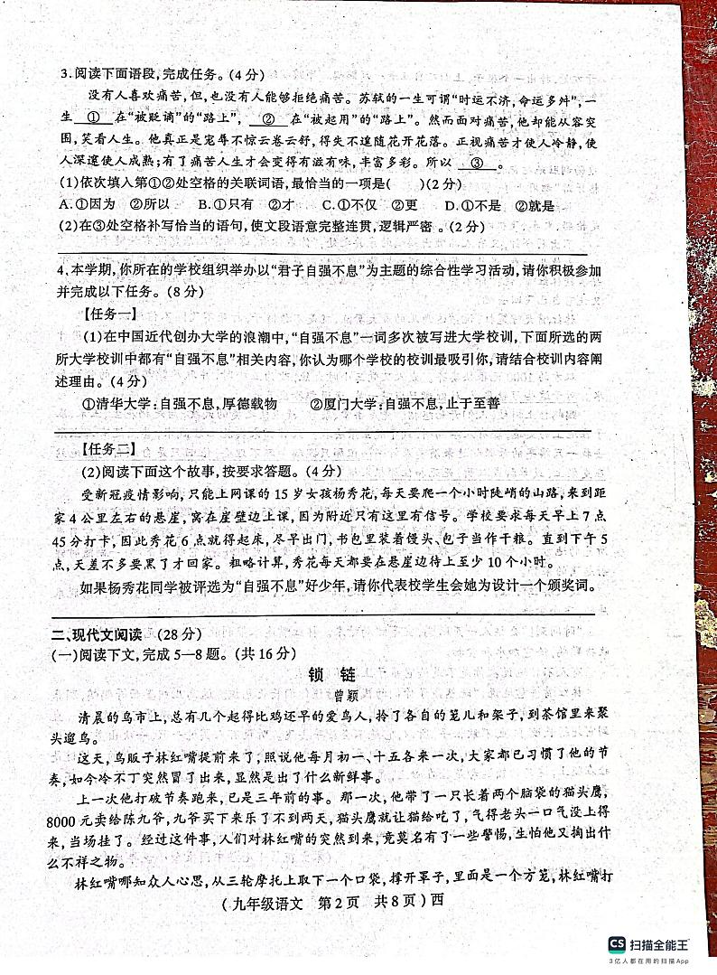 河南省驻马店市西平县2023-2024学年九年级上学期11月期中语文试题第2页