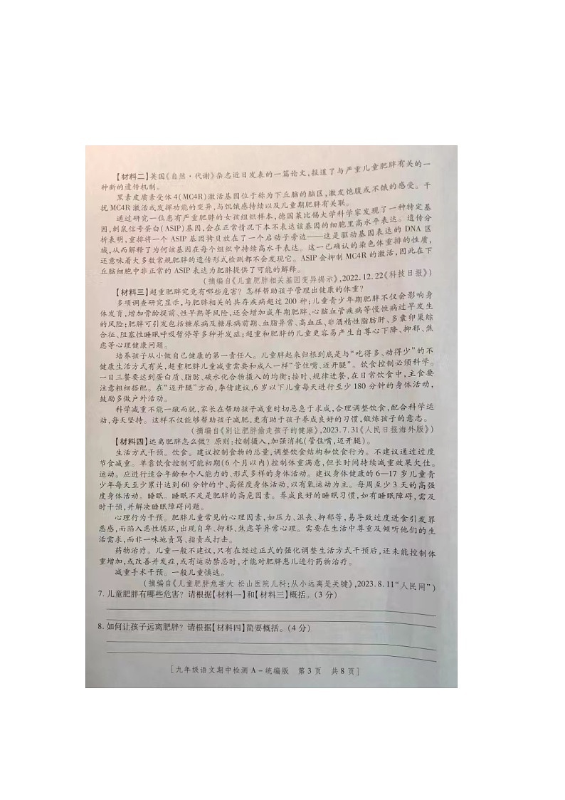 陕西省商洛市商南县金丝峡镇初级中学2023-2024学年九年级上学期11月期中语文试题第3页