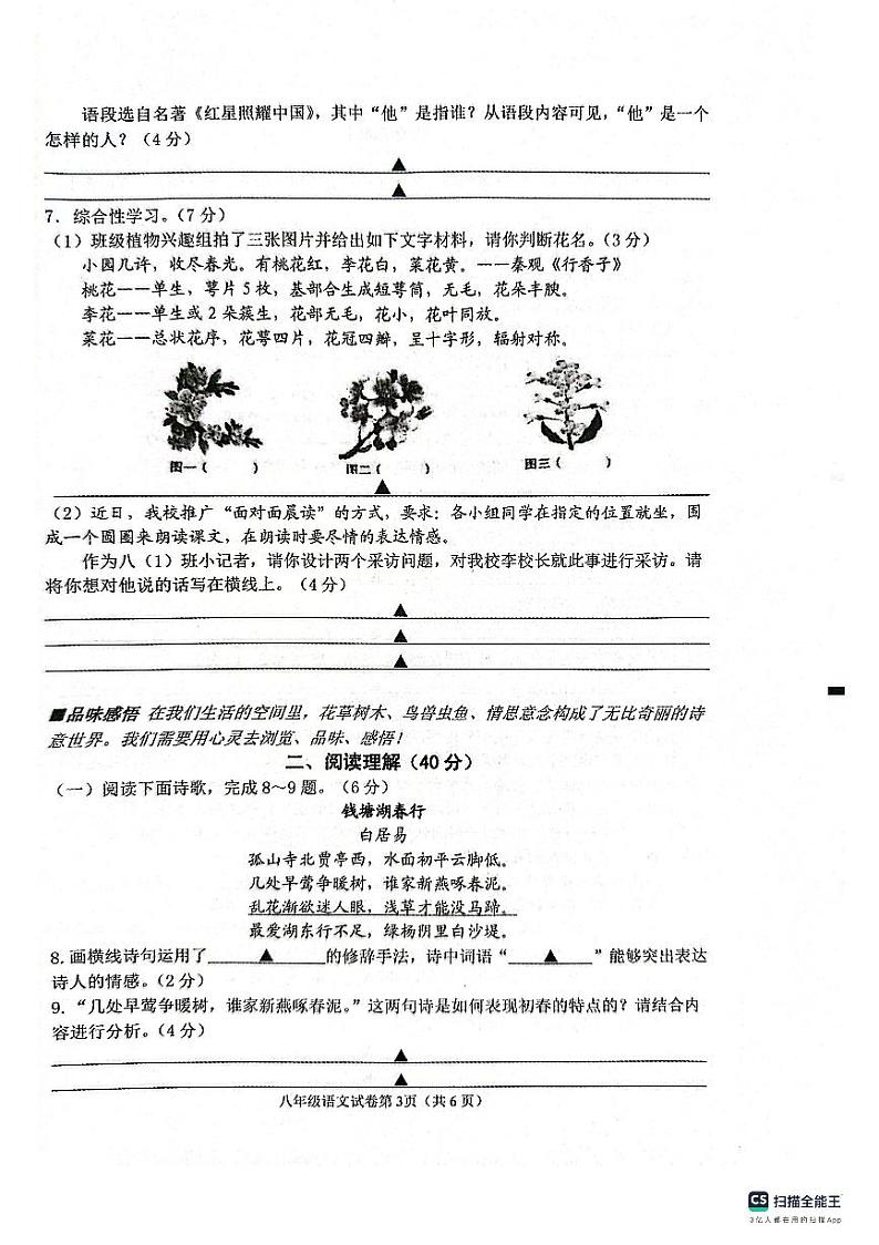 江苏省盐城市建湖县2023-2024学年八年级上学期11月期中语文试题03
