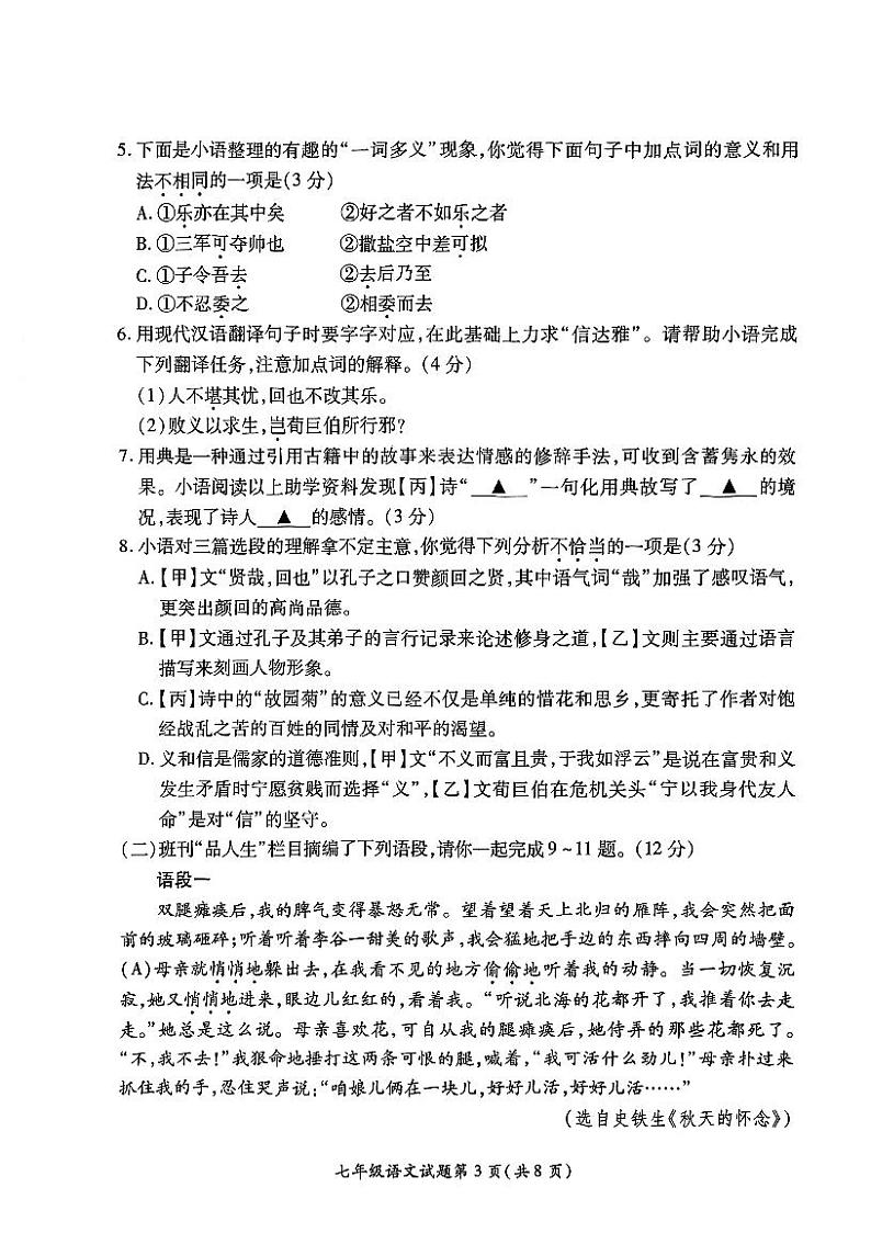 江苏省徐州市铜山区2023-2024学年七年级上学期期中语文质量自测试卷(2)第3页