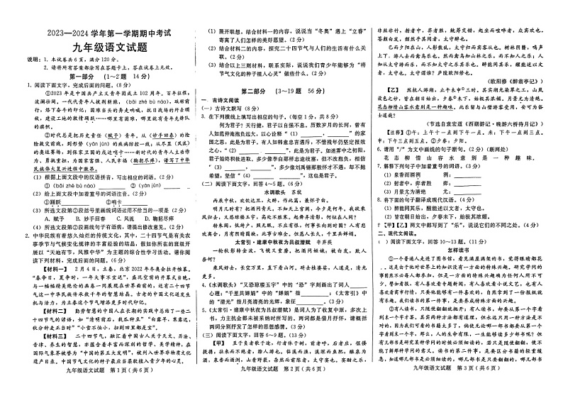 河北省邢台市襄都区2023-2024学年九年级上学期11月期中联考语文试题01