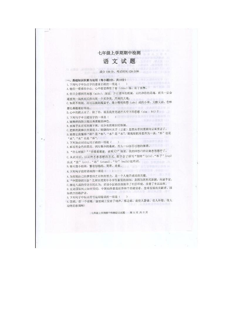 山东省泰安市新泰市2023-2024学年（五四学制）七年级上学期期中考试语文试题01