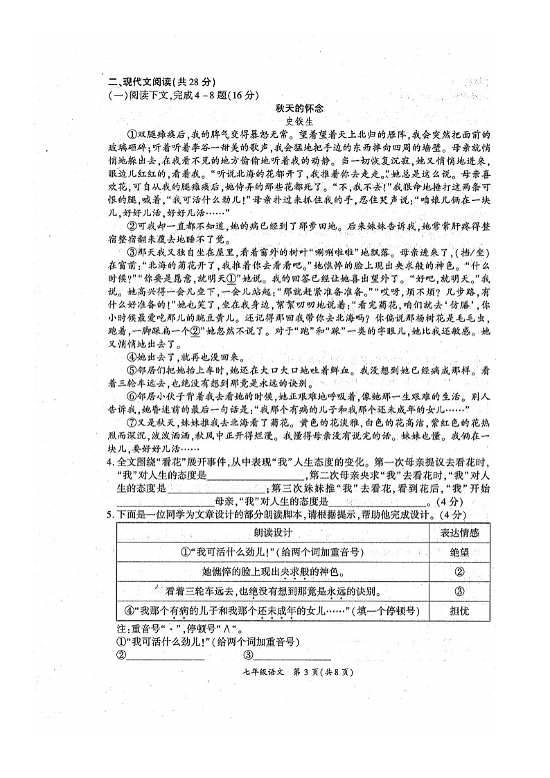 河南省商丘市夏邑县2023-2024学年七年级上学期11月期中语文试题第3页
