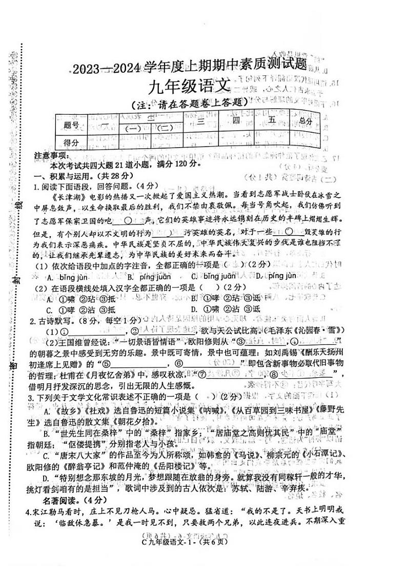 河南省驻马店市确山县2023-2024学年九年级上学期11月期中考试语文试题第1页