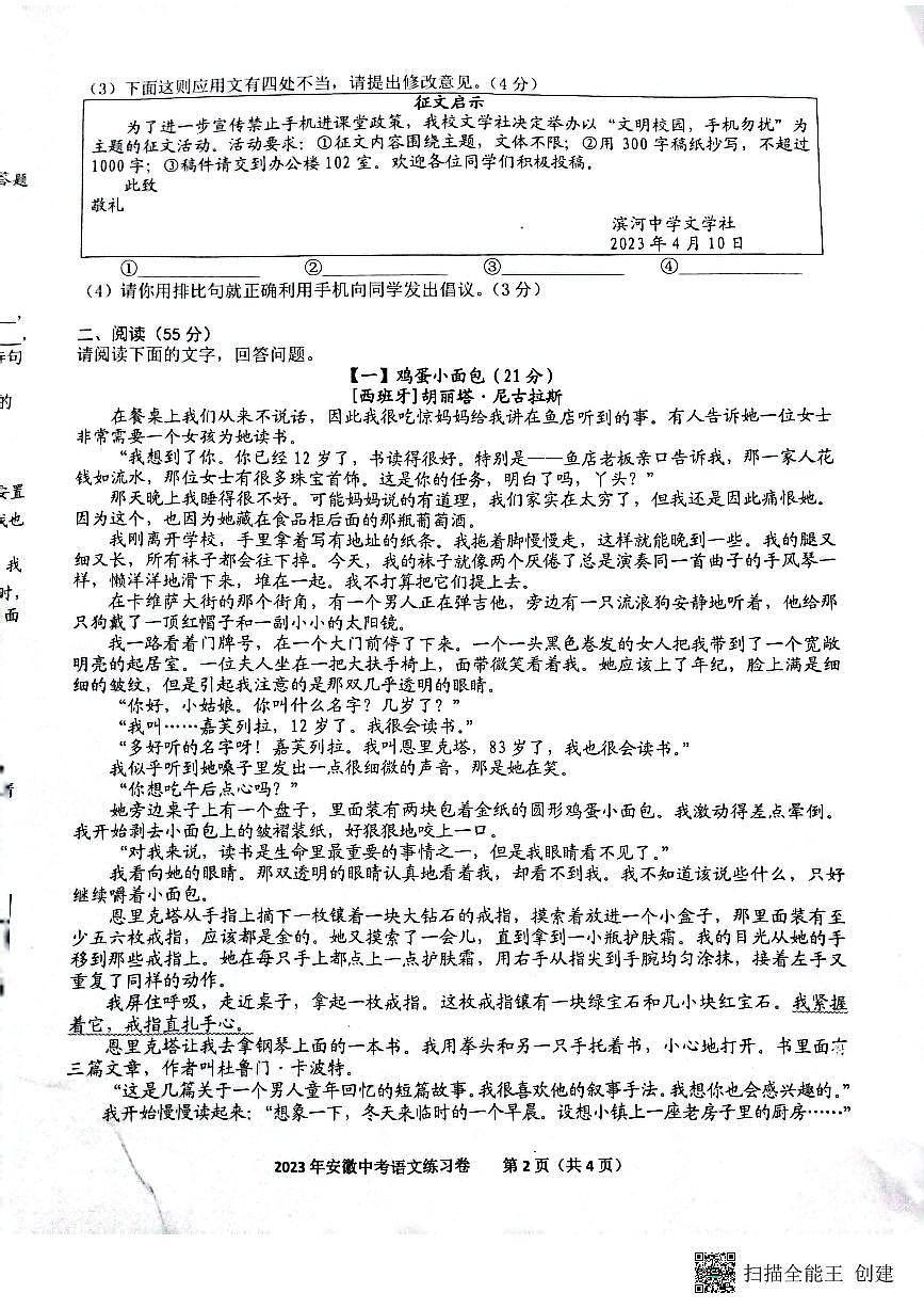 2023年安徽 中考语文模拟试卷第2页