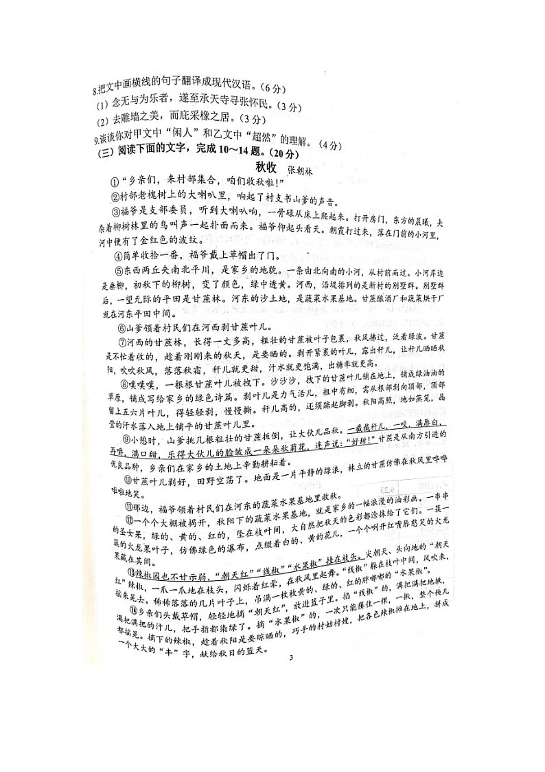 福建省泉州市南安市2023-2024学年八年级上学期期中教学质量监测语文试题第3页
