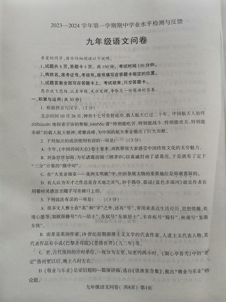 山东省聊城市阳谷县2023-2024学年九年级上学期11月期中语文试题01