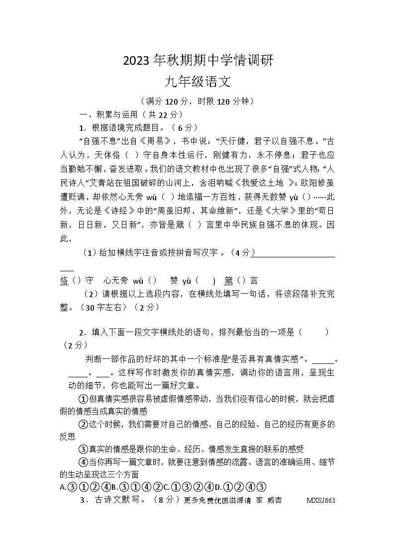 12，河南省南阳市桐柏县2023-2024学年九年级上学期11月期中考试语文试题01