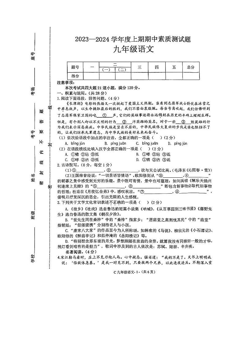 04，河南省驻马店市确山县2023-2024学年九年级上学期期中素质测试语文试题第1页