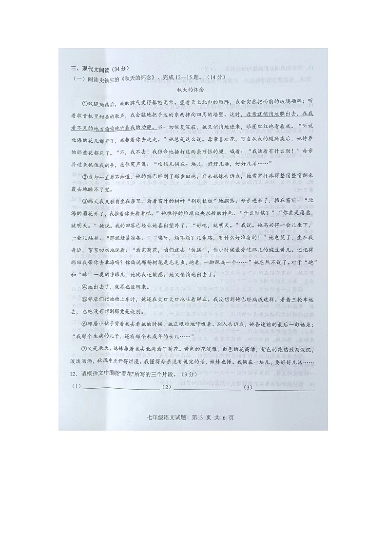 山东省菏泽市成武县2023-2024学年七年级上学期11月期中语文试题第3页