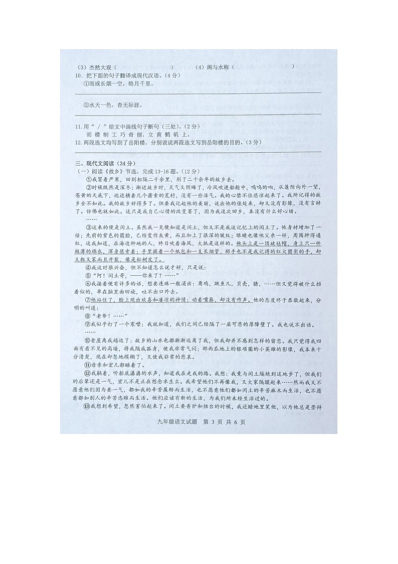山东省菏泽市成武县2023-2024学年九年级上学期期中考试语文试题第3页
