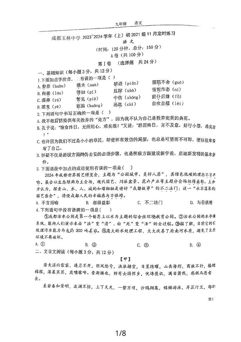 四川省成都市玉林中学2023-2024学年九年级上学期11月期中语文试题01