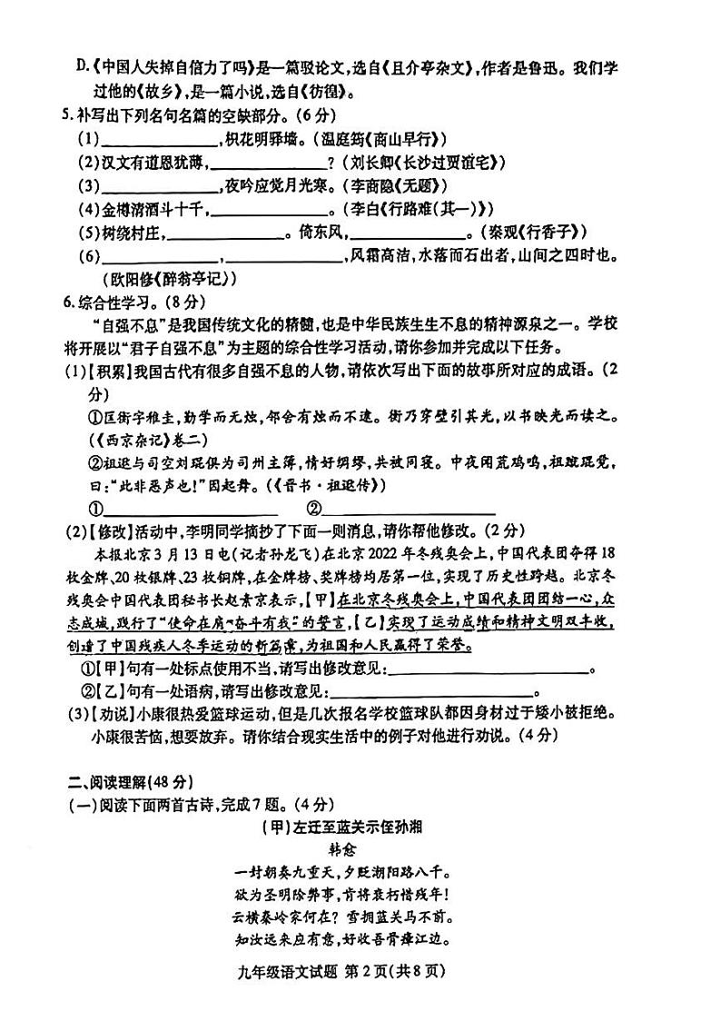 山东省临沂市兰山区2023—2024学年九年级上学期期中考试语文试题02