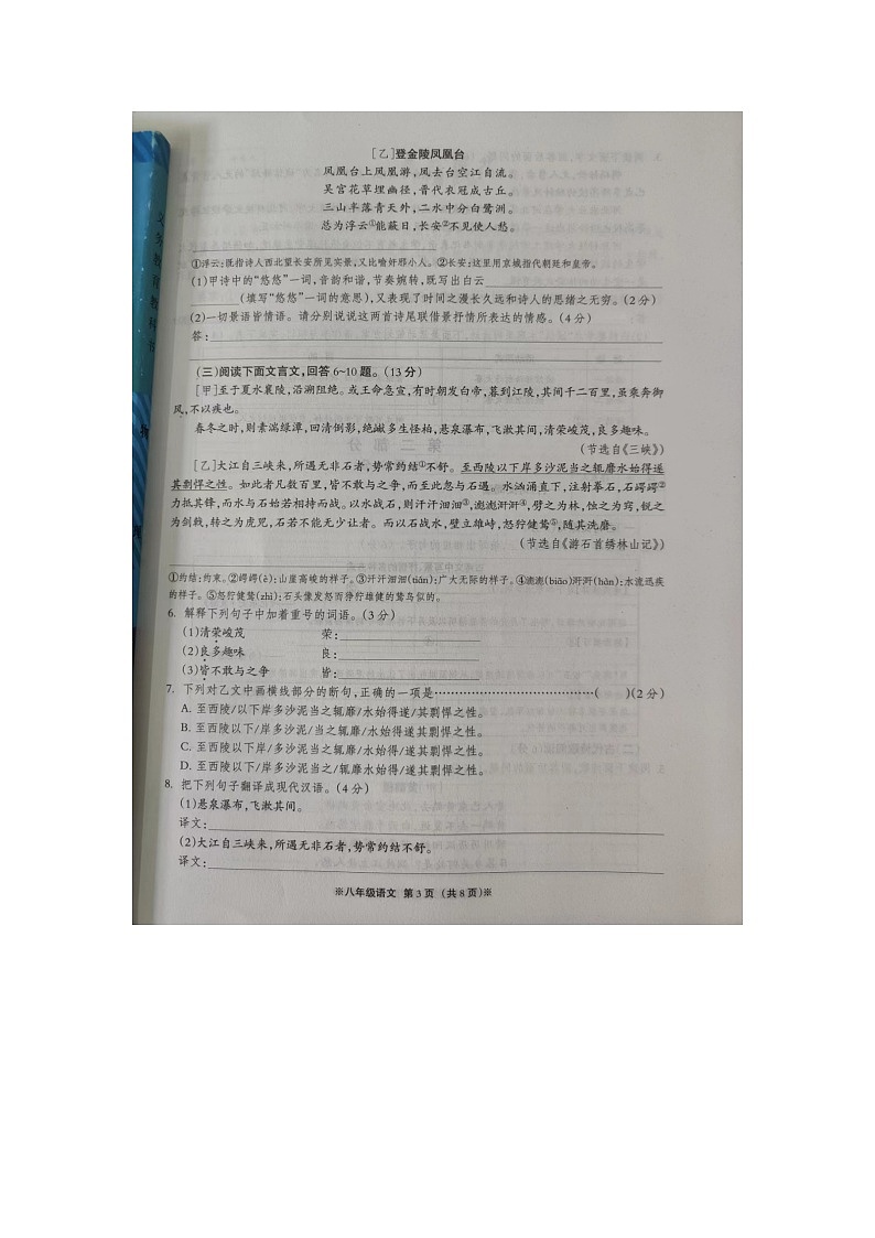 河北省沧州市肃宁县2023-2024学年八年级上学期期中考试语文试题03