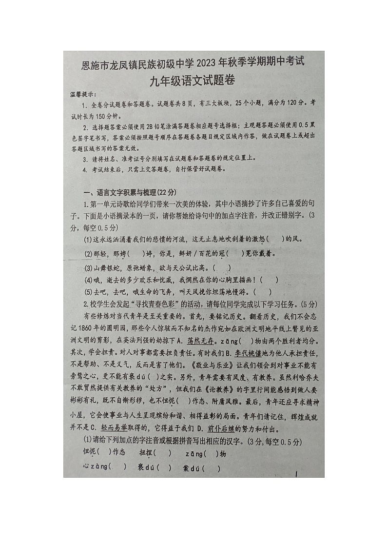 湖北省恩施市龙凤镇民族初级中学2023-2024学年九年级上学期期中考试语文试题第1页