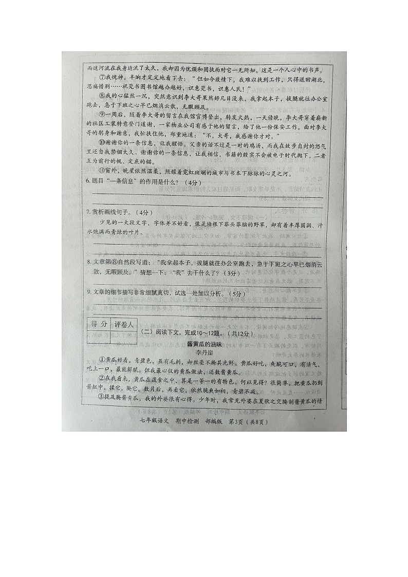 河南省周口市沈丘县2023—2024学年七年级上学期期中考试语文试题第3页