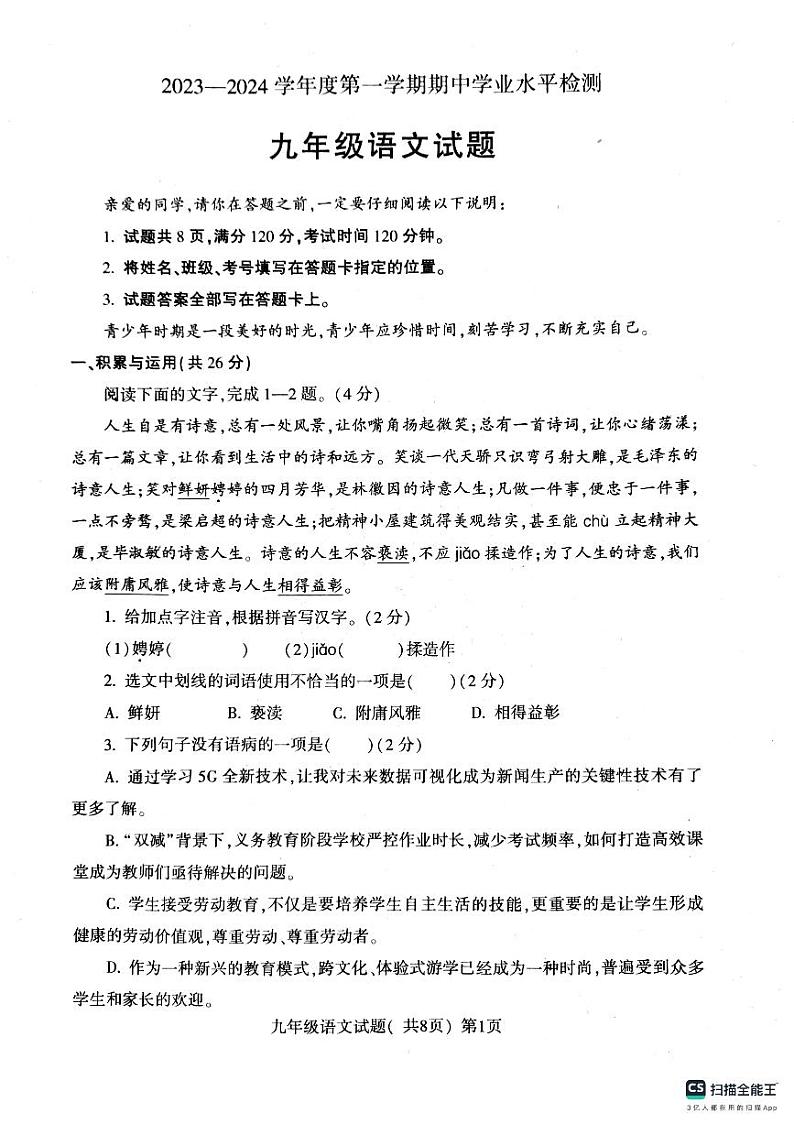 山东省聊城市莘县2023-2024学年九年级上学期11月期中考试语文试题01