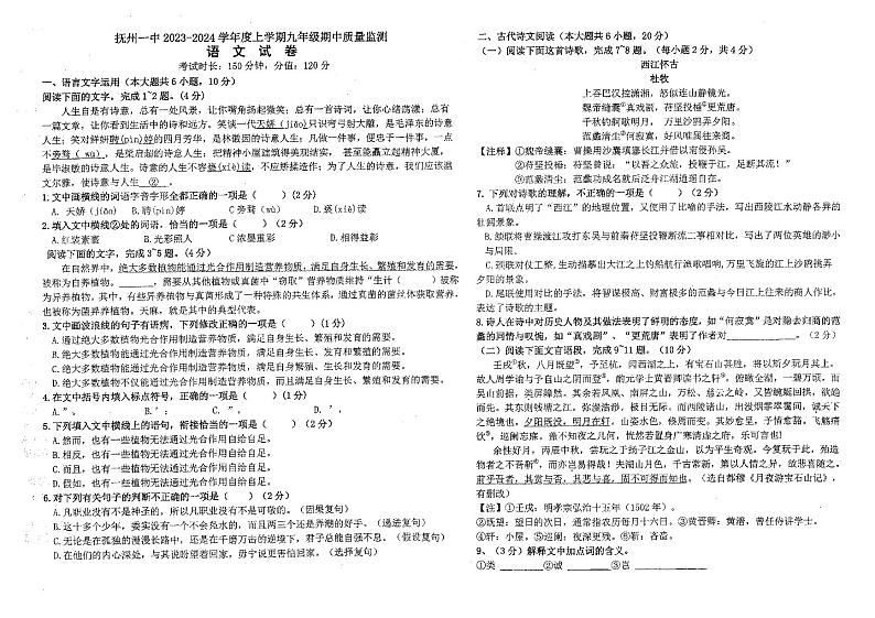 江西省抚州市第一中学2023-2024学年九年级上学期期中考试语文试题01
